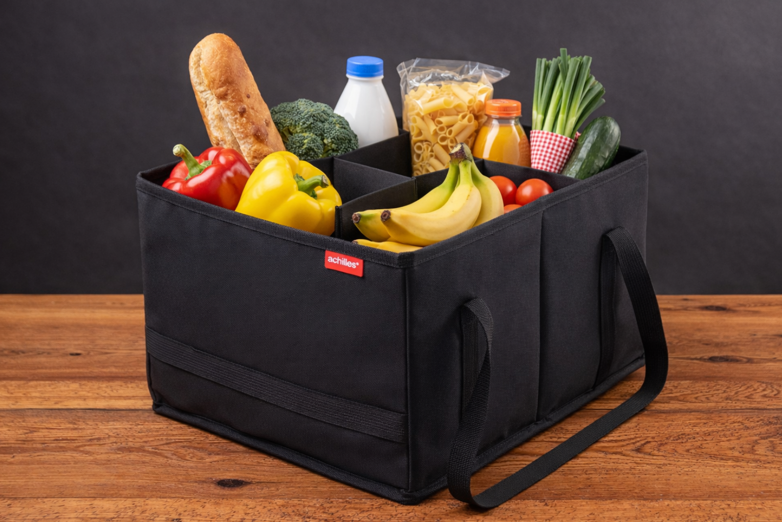 Stabiler Einkaufs-Organizer mit Logo-Fl&auml;che, bef&uuml;llt mit frischen Lebensmitteln wie Obst und Baguette als hochwertiges Werbegeschenk von werbemax.