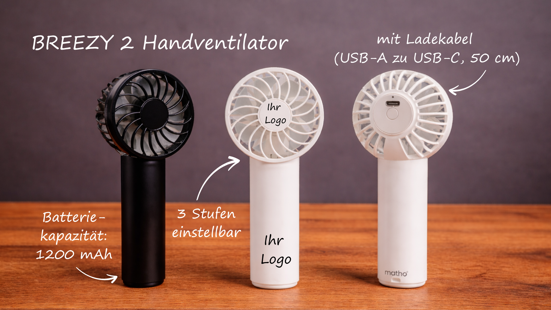 Handventilator Breezy 2 mit Logo &ndash; leiser USB Ventilator mit 3 Stufen und starker Batterie