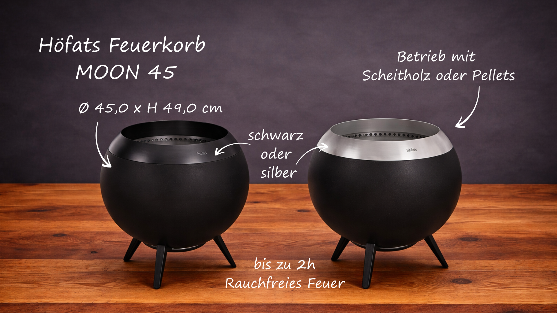 H&ouml;fats Feuerkorb MOON 45 Feuerschale in schwarz oder silber als stilvolles Pr&auml;miengeschenk