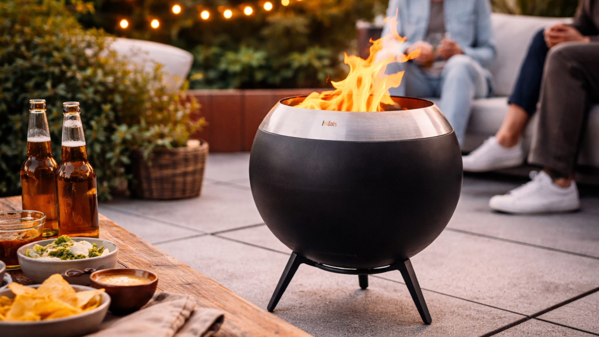 H&ouml;fats Feuerschale MOON 45 als Kundengeschenk im Garten bei gem&uuml;tlichem Outdoor-Abend