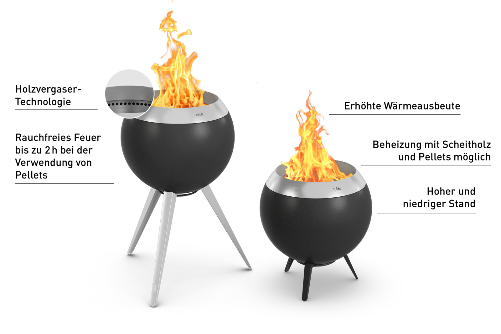 H&ouml;fats MOON Feuerkorb mit Holzvergaser-Technologie &ndash; raucharmes Feuer mit Pellets oder Scheitholz, hohe W&auml;rmeausbeute und flexibel in hoher oder niedriger Standh&ouml;he f&uuml;r moderne Outdoor-Bereiche.