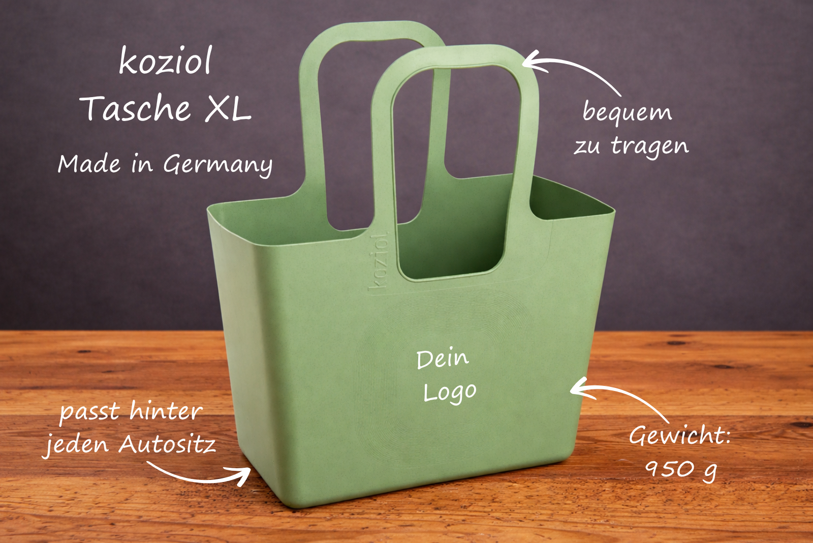 Koziol Tasche XL als nachhaltiger Werbeartikel in Gr&uuml;n mit Beschriftung zu Features wie leicht, robust und Made in Germany.