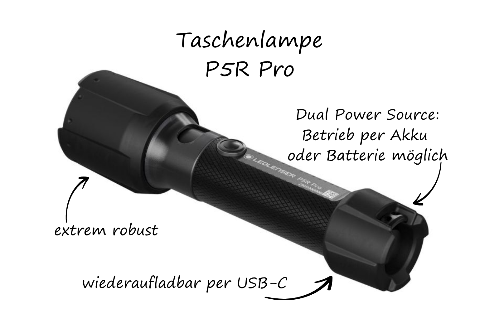 LEDLENSER P5R Pro Taschenlampe als Werbeartikel mit Feature-&Uuml;bersicht &ndash; robust, USB-C wiederaufladbar und Dual Power Betrieb.