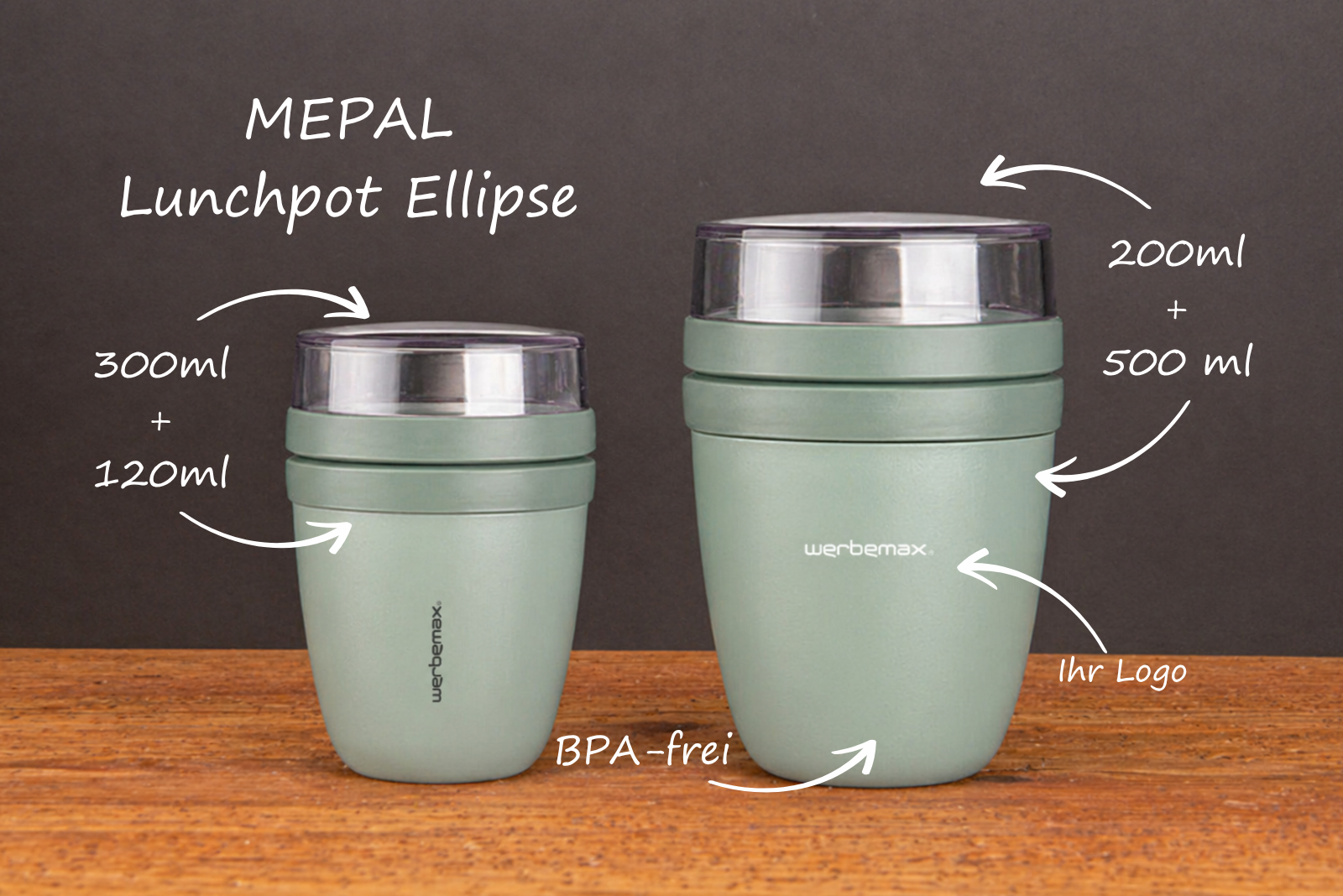 Mepal Lunchpot Ellipse in zwei Gr&ouml;&szlig;en mit werbemax Logo als nachhaltiger Werbeartikel f&uuml;r Joghurt, M&uuml;sli und Snacks.