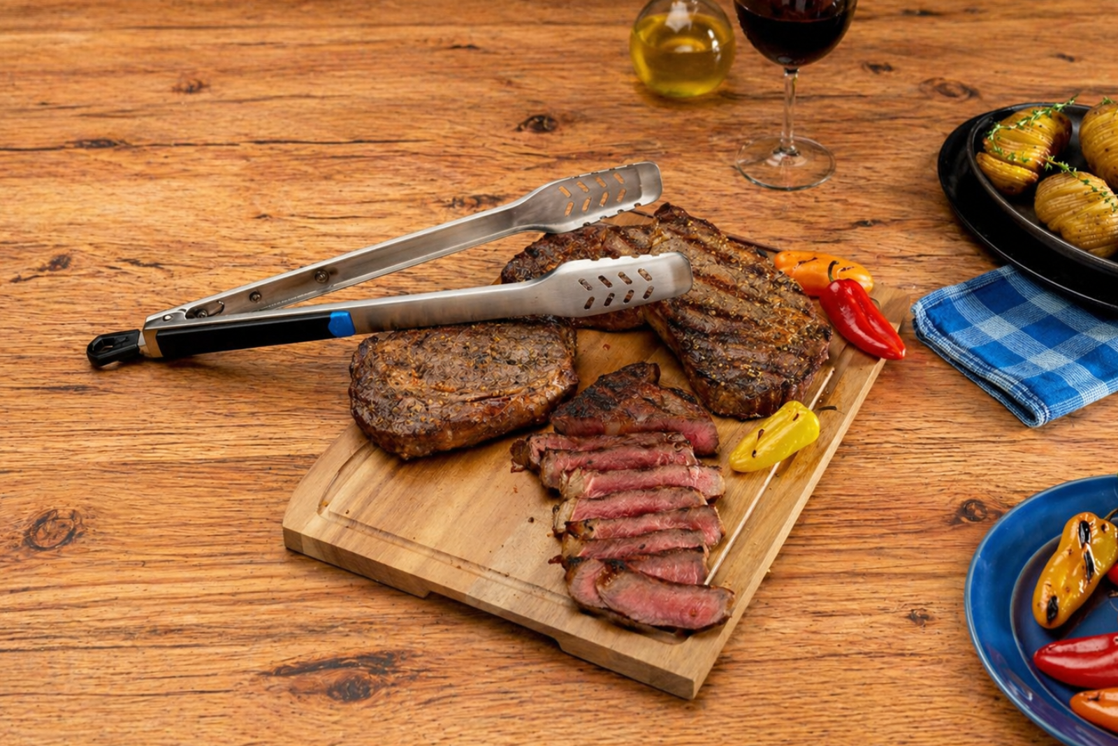 Grillzange im Einsatz mit Steak und BBQ Zubeh&ouml;r auf Holztisch als Werbeartikel.