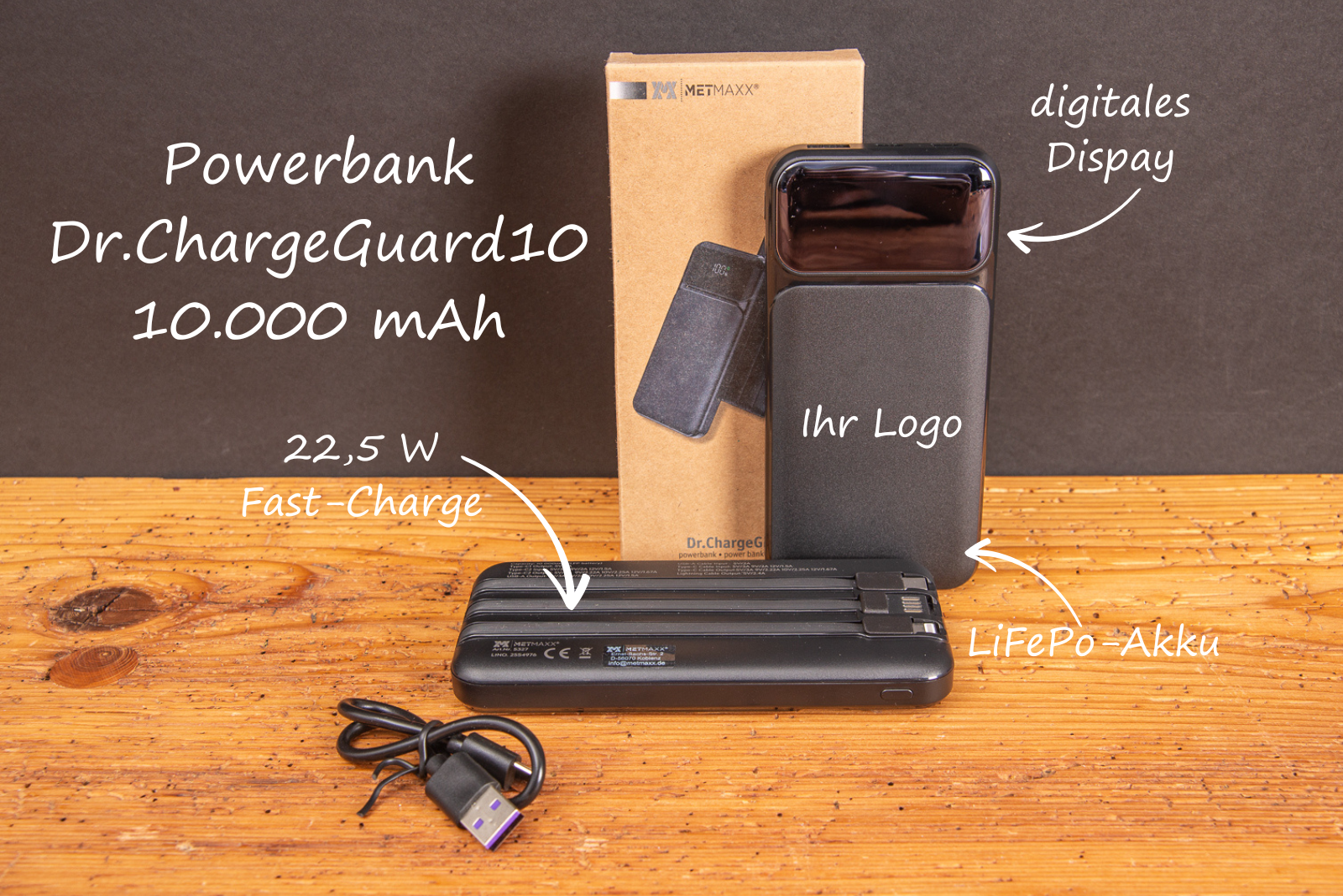 Powerbank mit LiFePO4 Akku bedrucken &ndash; sichere Powerbank mit integriertem Kabel und Display