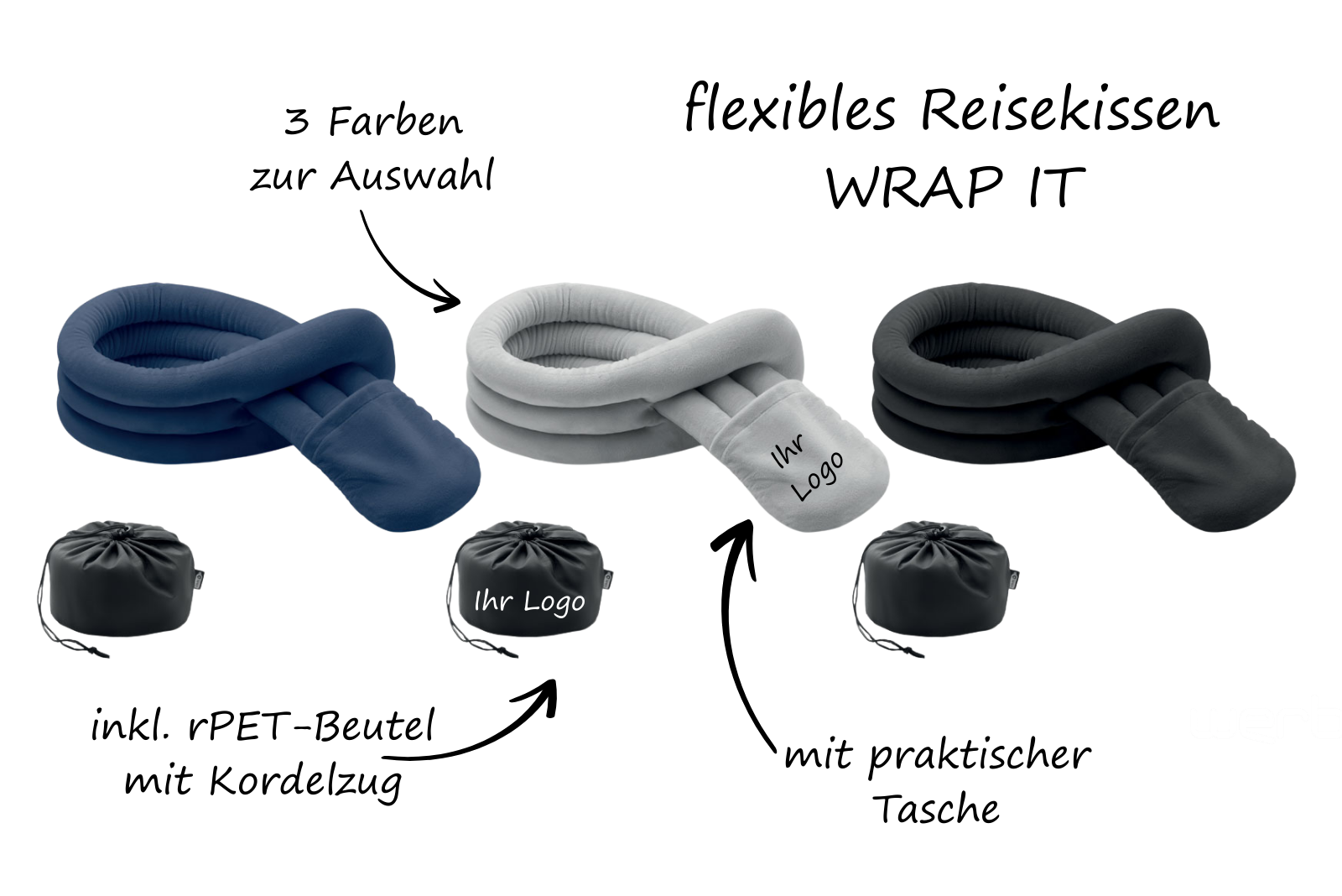Reisekissen als Nackenschal mit Logo &ndash; innovatives Nackenkissen f&uuml;r maximalen Komfort unterwegs