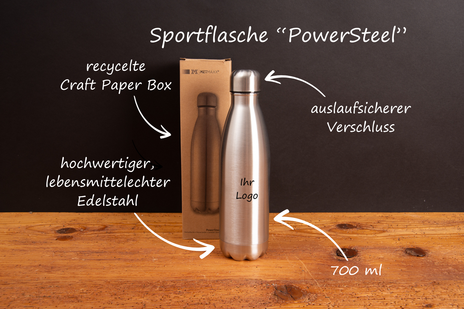 Sportflasche PowerSteel Edelstahl 700 ml mit auslaufsicherem Verschluss ideal als Werbegeschenk mit Logo