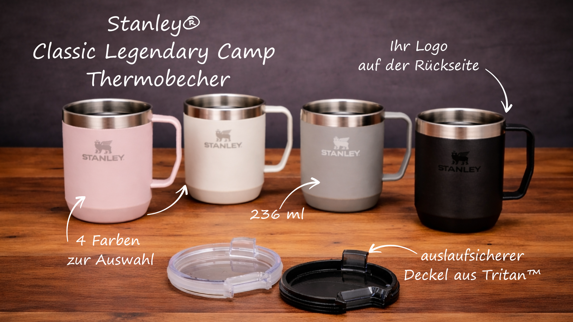 Stanley Cup Campinggeschirr Set mit personalisiertem Becher und Deckel als nachhaltiges Mitarbeitergeschenk