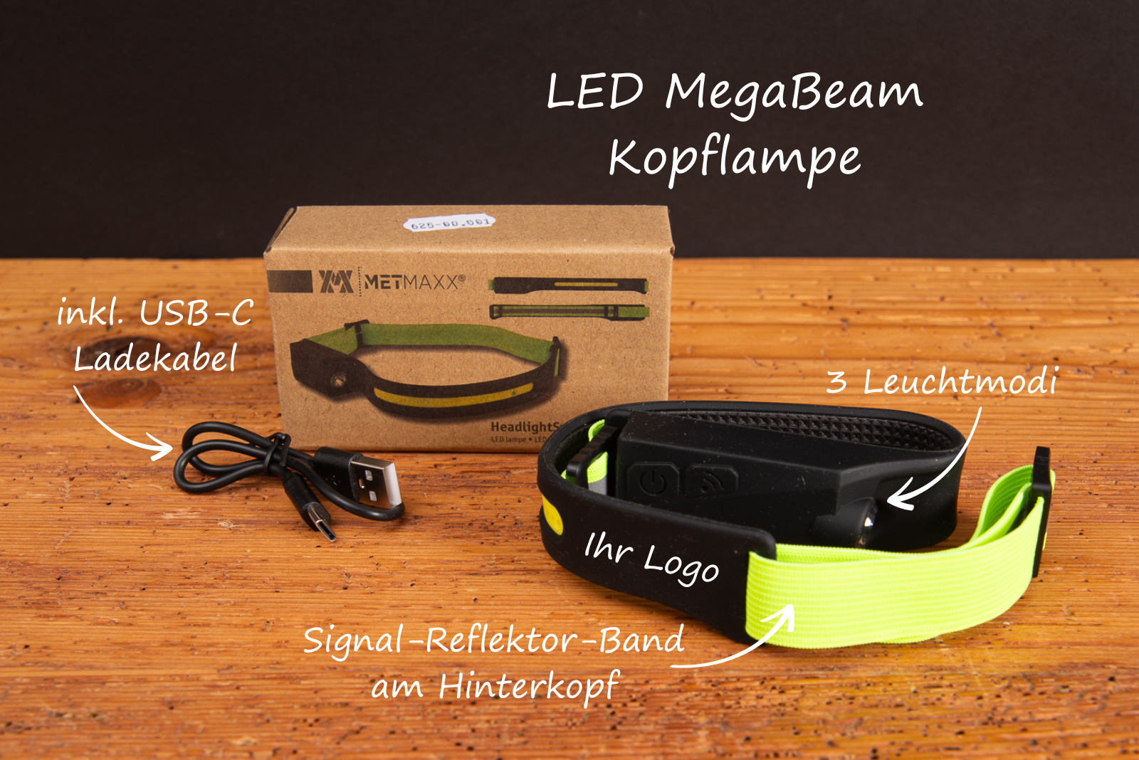 LED MegaBeam Stirnlampe mit Logo und Bewegungssensor als hochwertiger Werbeartikel