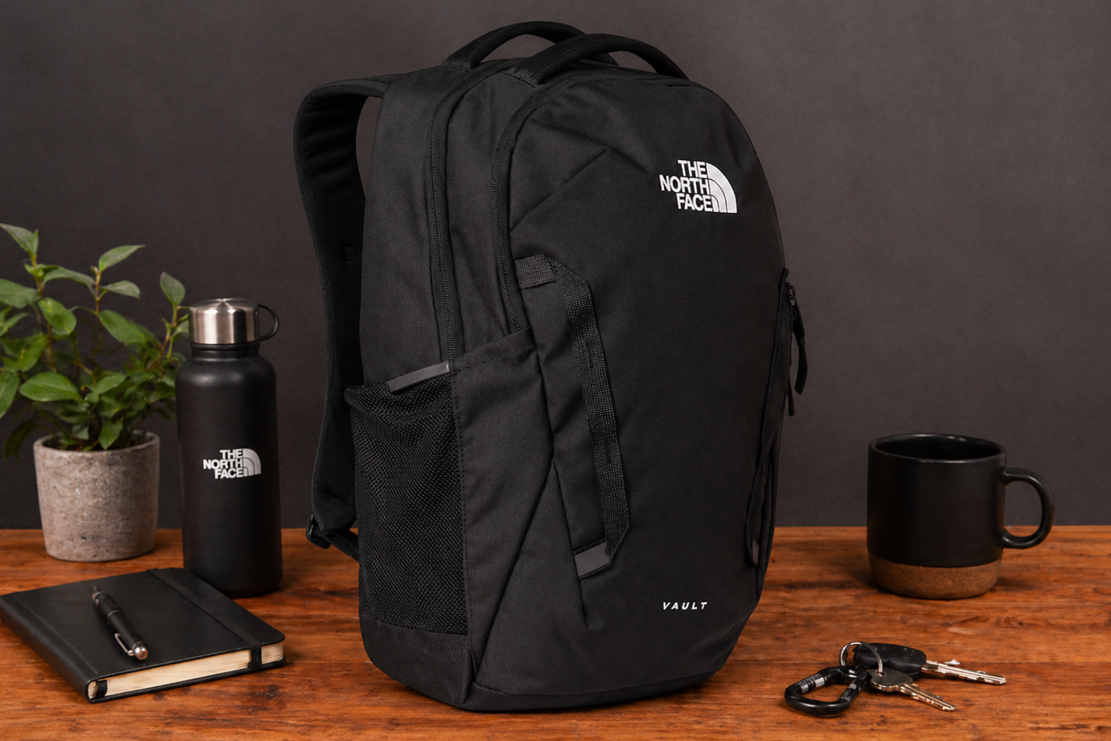 The North Face VAULT Rucksack mit Logo als Werbeartikel auf Schreibtisch mit Accessoires wie Trinkflasche, Notizbuch und Kaffeetasse.