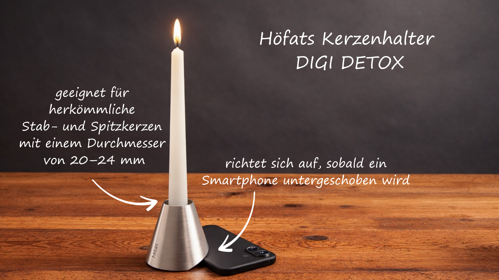 Infografik zum h&ouml;fats Digi Detox Kerzenst&auml;nder mit Erkl&auml;rungen zur Smartphone-Ablage und passenden Kerzengr&ouml;&szlig;en f&uuml;r die digitale Auszeit.