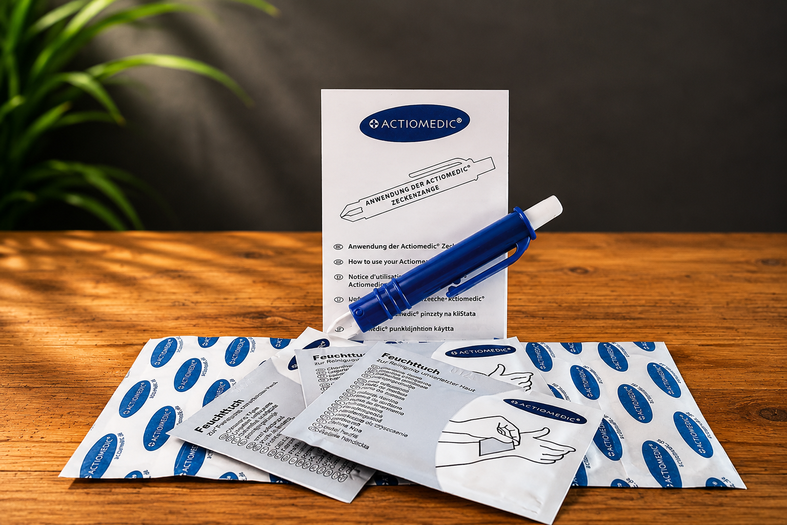 Praktisches Erste Hilfe Set zum Thema Zecken mit Zeckenzange, Reinigungspads und Pflastern als Werbegeschenk.