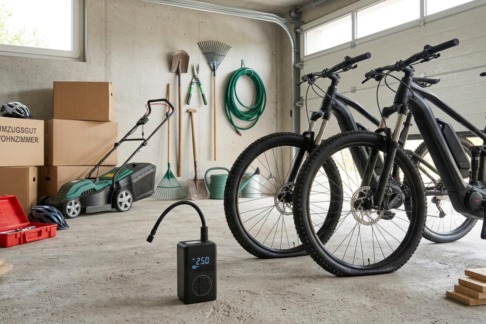 werbemax PUMP Akkupumpe im Einsatz in einer Garage beim Aufpumpen eines E-Bike-Reifens mit flachem Reifen.