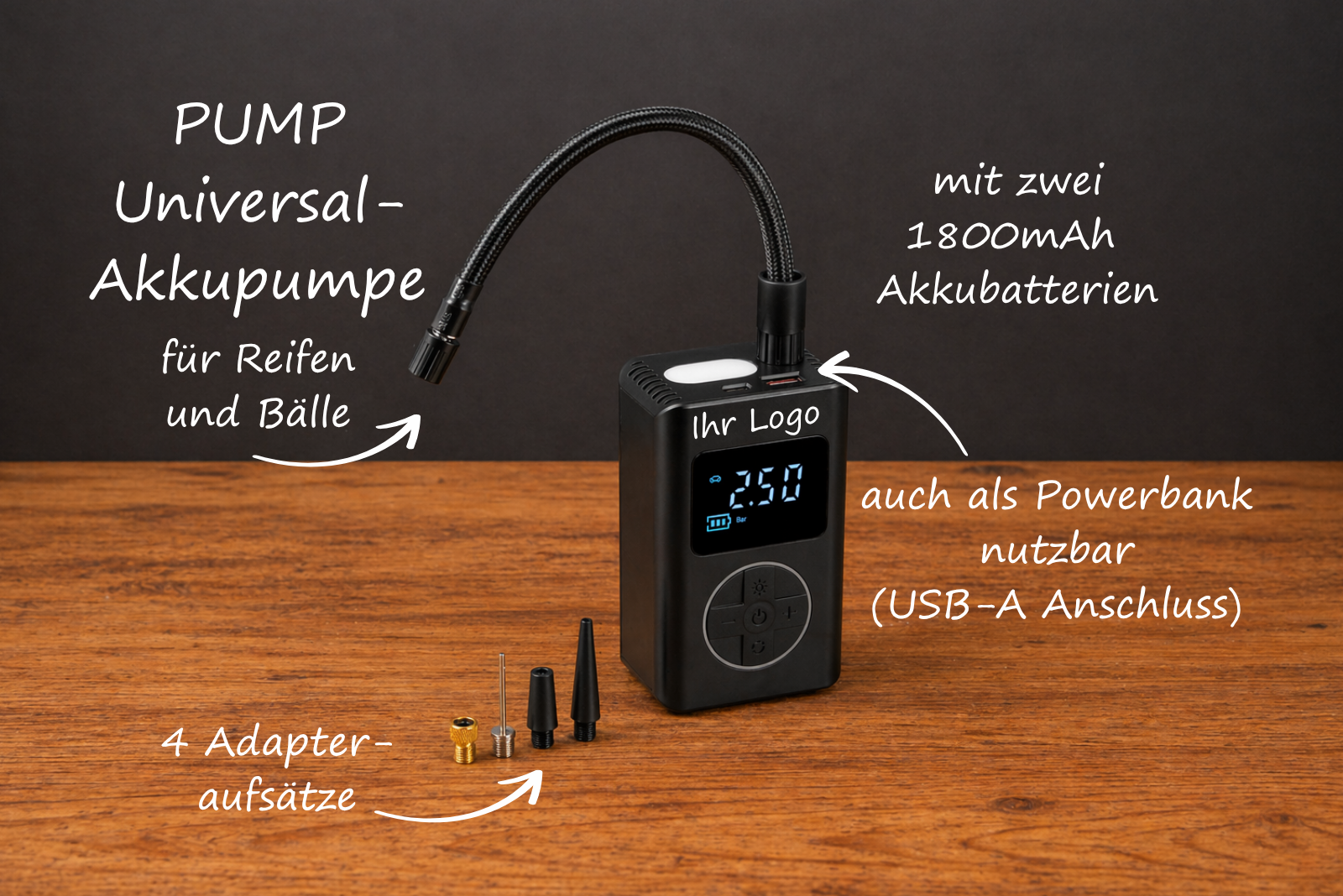 Infografik der PUMP Universal-Akkupumpe von werbemax mit Details zu 3.000mAh Akku, Powerbank-Funktion und Logo-Anbringung.