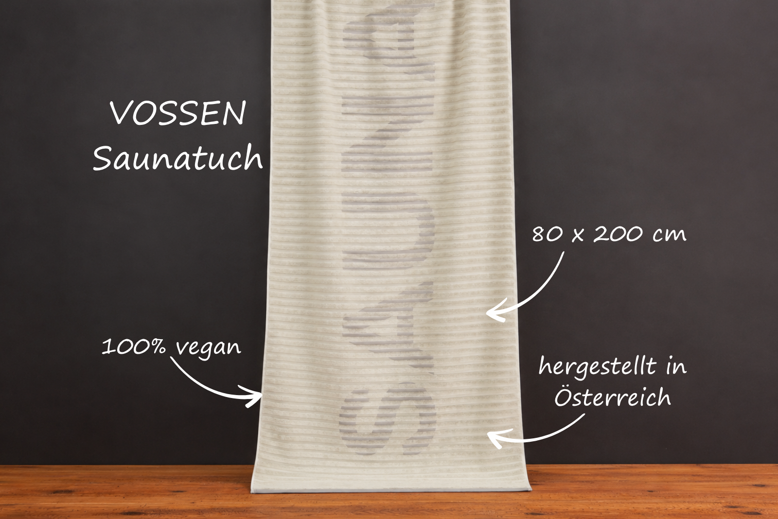 Beiges Vossen Saunatuch in 80 x 200 cm aus veganer Qualit&auml;t, hergestellt in &Ouml;sterreich