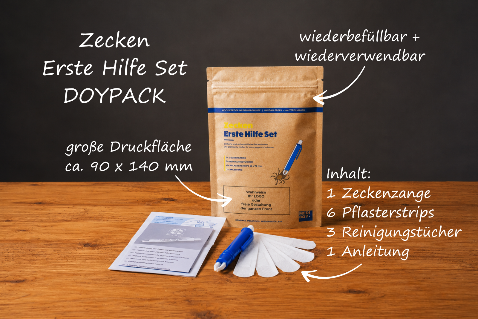 Praktisches Set f&uuml;r Zeckenbisse - Zeckenzange, Pflaster, Reinigungst&uuml;cher in einem wiederverschlie&szlig;baren Zipper Bag.