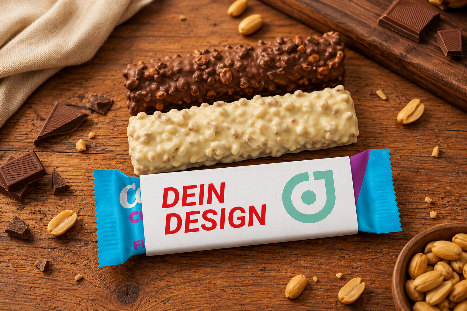 Corny Proteinriegel Crunchy mit Logo auf dem Kartonschuber. Giveaway f&uuml;r Events, Messen und Outdoor.