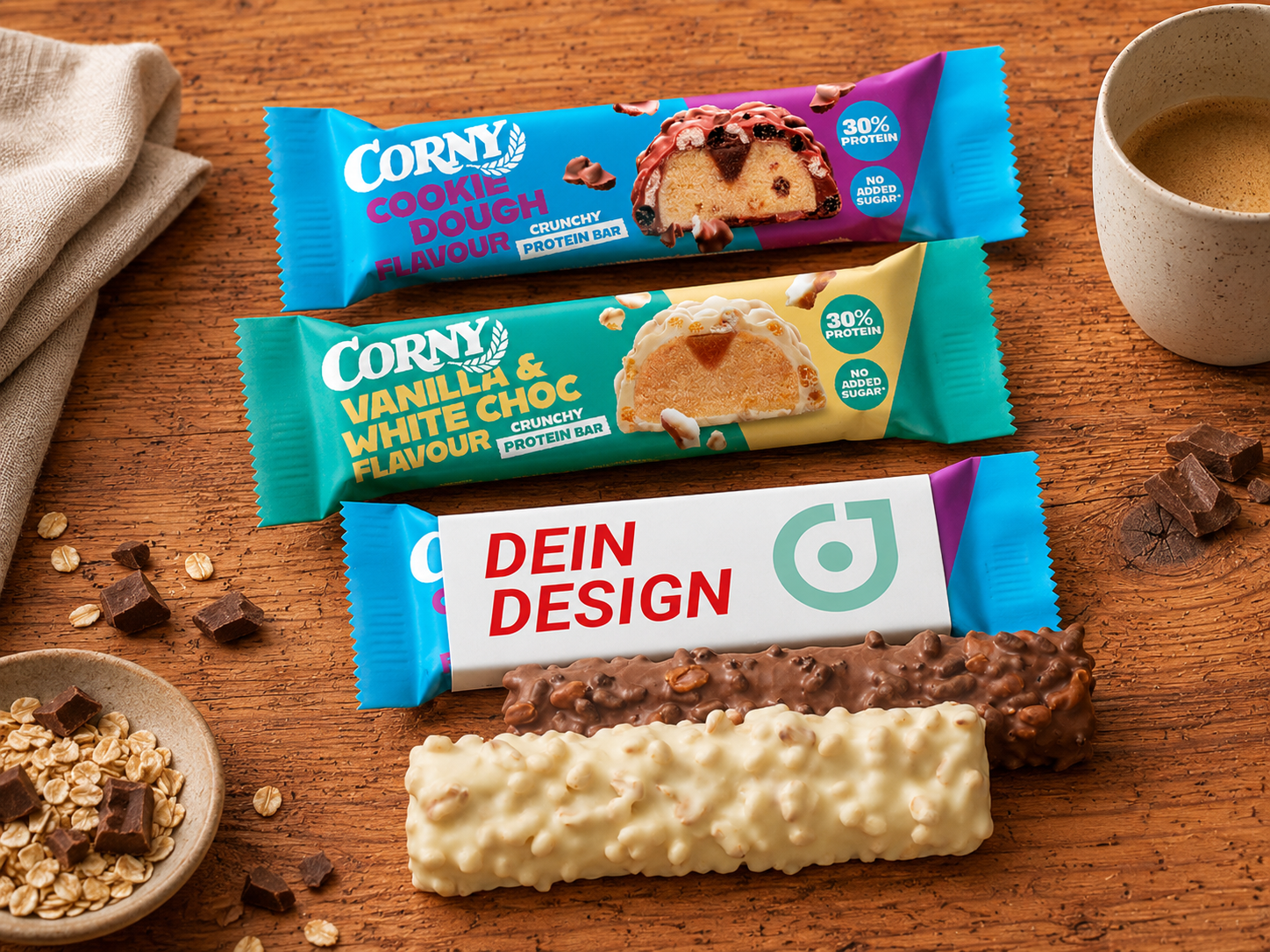 Proteinriegel von Corny mit bedrucktem Kartonschuber in der Sorte Vanilla & White Choc als Werbegeschenk f&uuml;r Sportevents.