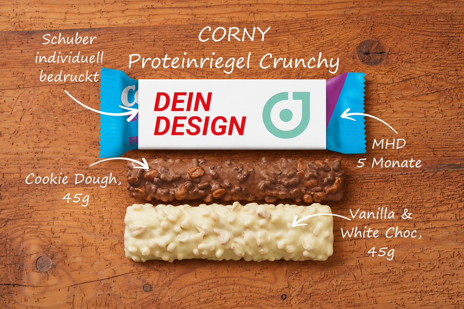 Proteinriegel von Corny mit 30% Protein in den Sorten Vanilla & White Choc und Cookie Dough im eigenen Design.
