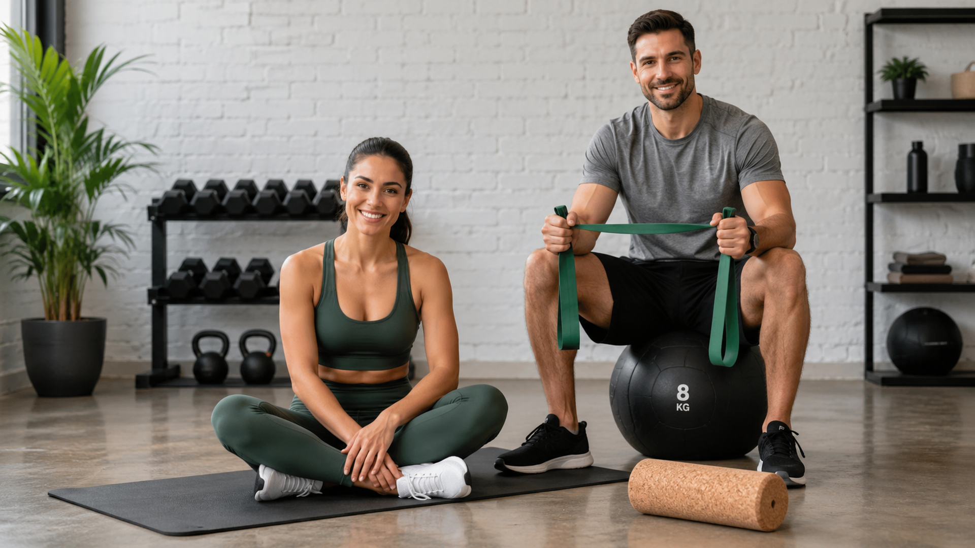 Mann und Frau trainieren in einer Turnhalle mit nachhaltigen Fitness-Werbeartikeln von werbemax, darunter eine Yogamatte, Kork-Faszienrolle, Fitnessband und Gymnastikball mit individuellem Logodruck.