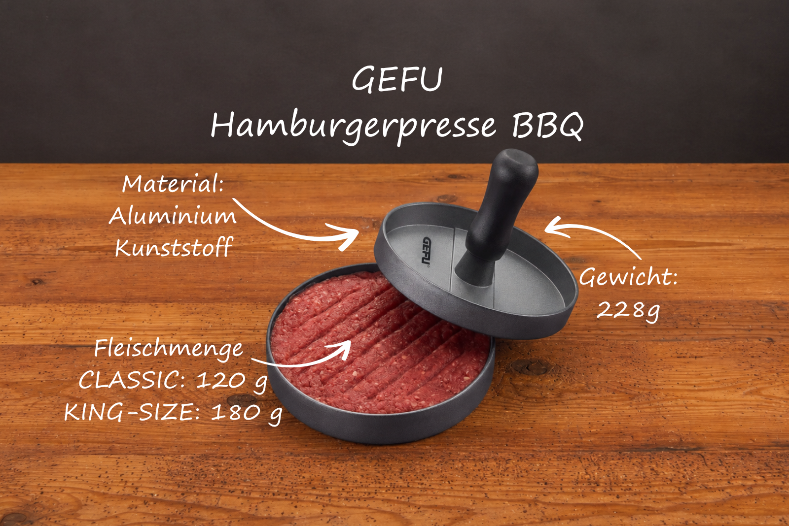 Burgerpresse von GEFU als Werbeartikel mit Logogravur. Burgerpatties in 2 Gr&ouml;&szlig;en mit der Hamburgerpresse aus Aluminium.