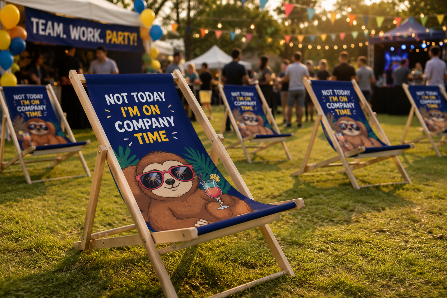 Zusammenklappbare Liegest&uuml;hle mit individueller Bedruckung f&uuml;r Festivals, Tourismus oder Merchartikel.
