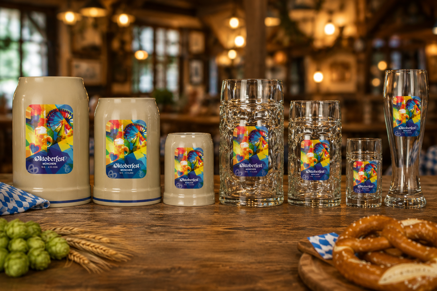 Offizielle Oktoberfest Trinkgef&auml;&szlig;e 2026 mit Sammlerkr&uuml;gen, Biergl&auml;sern und Tasse auf rustikalem Holztisch im traditionellen Wiesn-Ambiente.