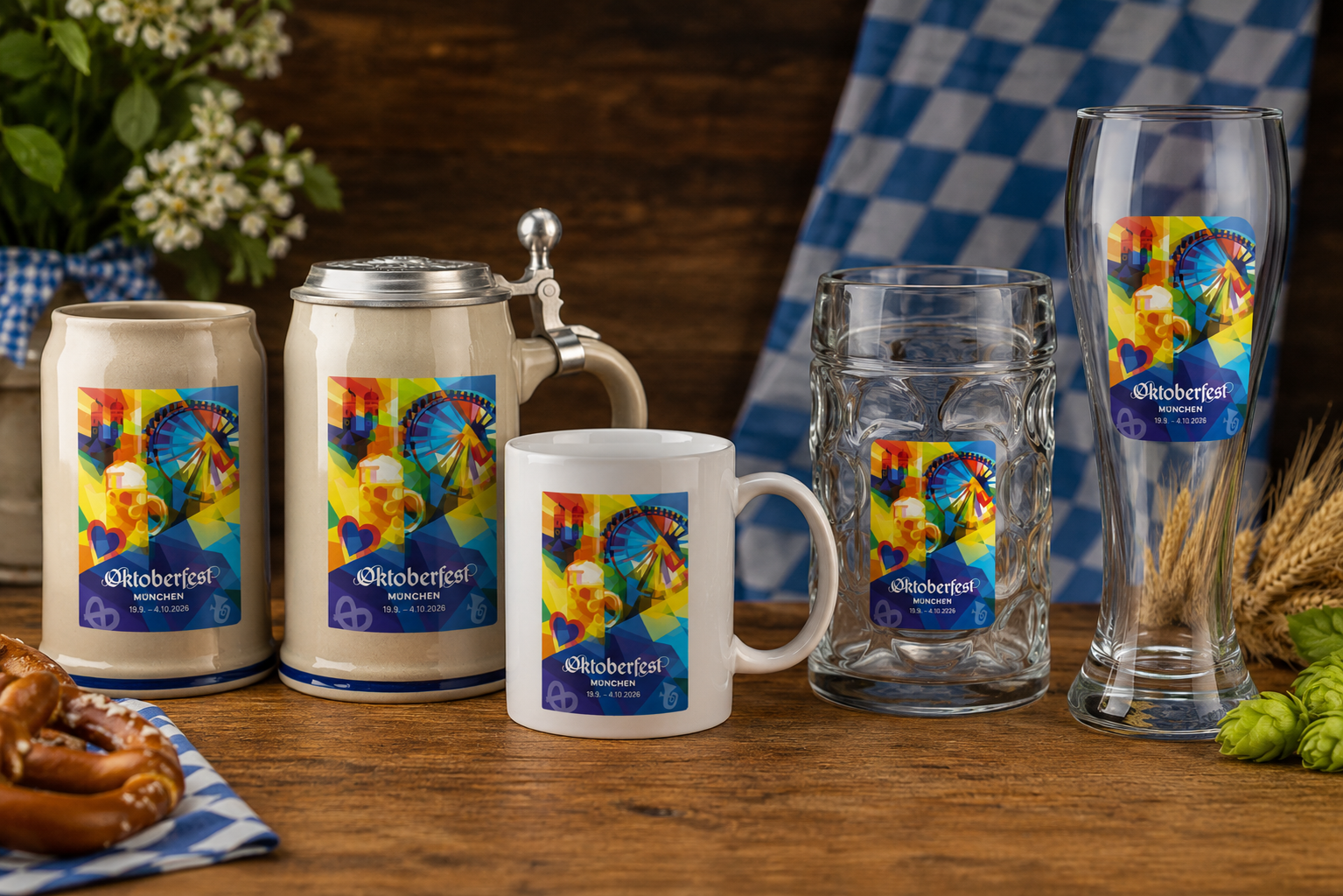 Offizielle Oktoberfest Trinkgef&auml;&szlig;e 2026 mit Sammlerkr&uuml;gen, Bierglas und Tasse auf rustikalem Holztisch.