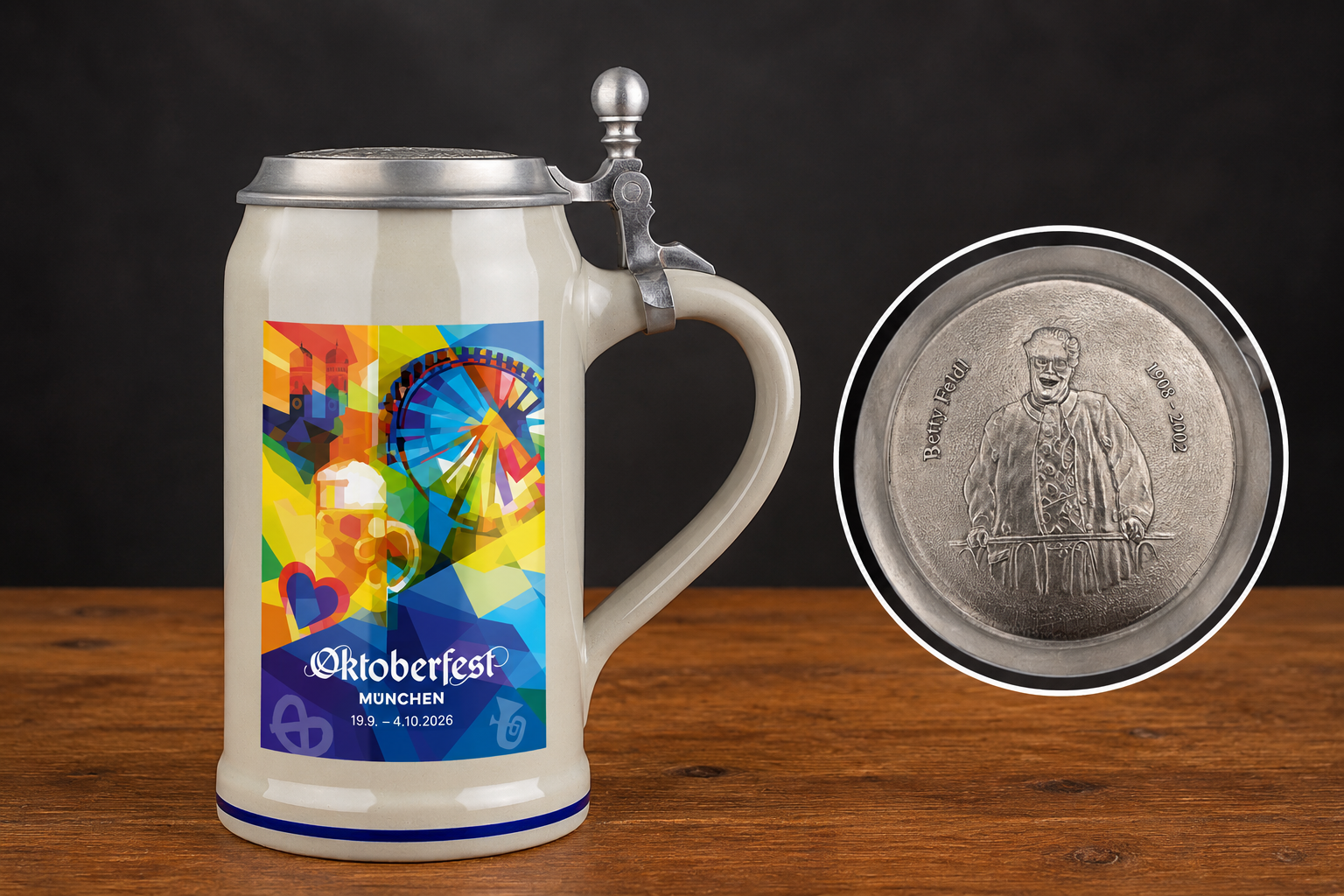Offizieller Oktoberfest Sammlerkrug 2026 mit Zinndeckel auf Holztisch.