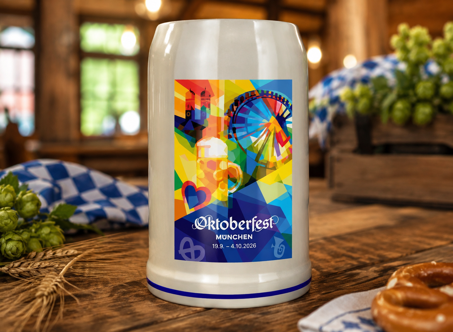 Offizieller Oktoberfest Sammlerkrug 2026 mit farbigem Wiesn-Motiv auf rustikalem Holztisch im traditionellen Oktoberfest-Ambiente.