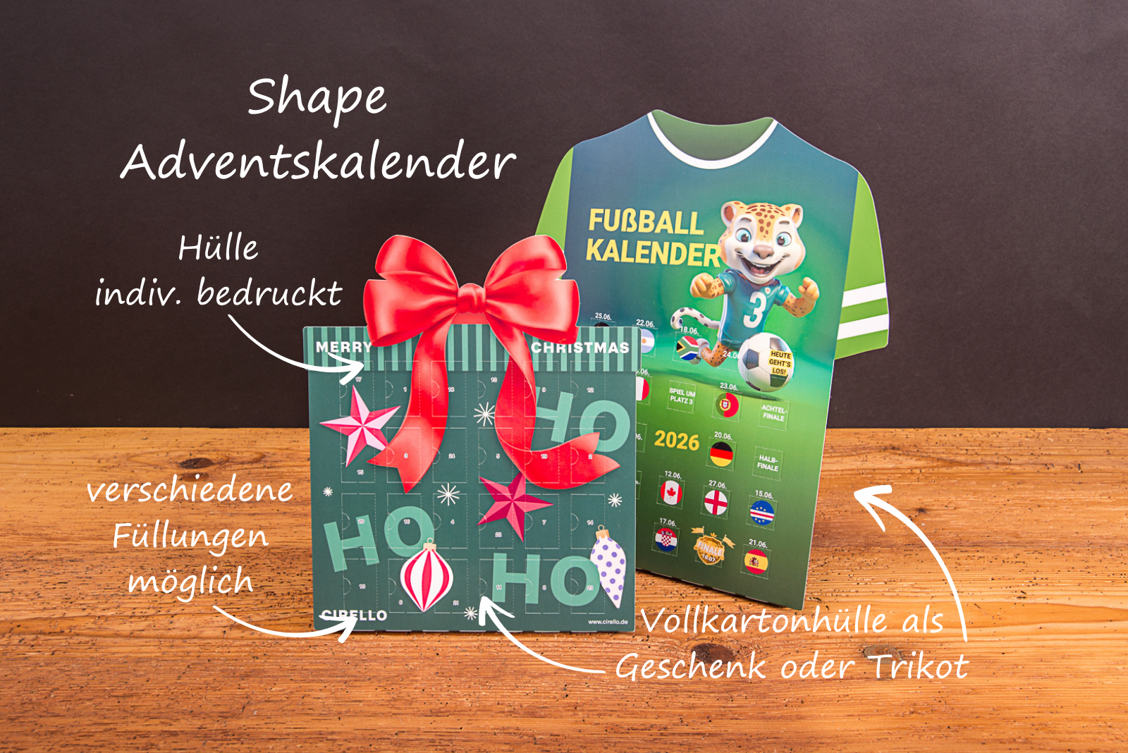 Adventskalender in Geschenk- oder Trikot-Form mit Logo als kreatives Weihnachtsgeschenk f&uuml;r Kunden und Mitarbeiter