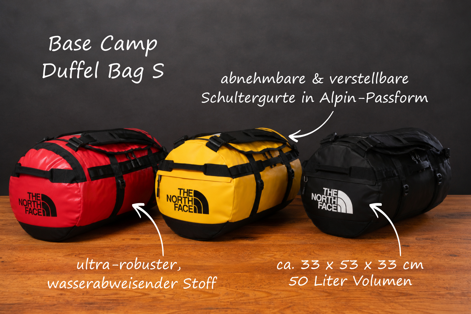 The North Face Base Camp Duffel Bag S in Rot, Gelb und Schwarz mit 50 Liter Volumen als robuster, wasserabweisender Werbeartikel mit Logo.
