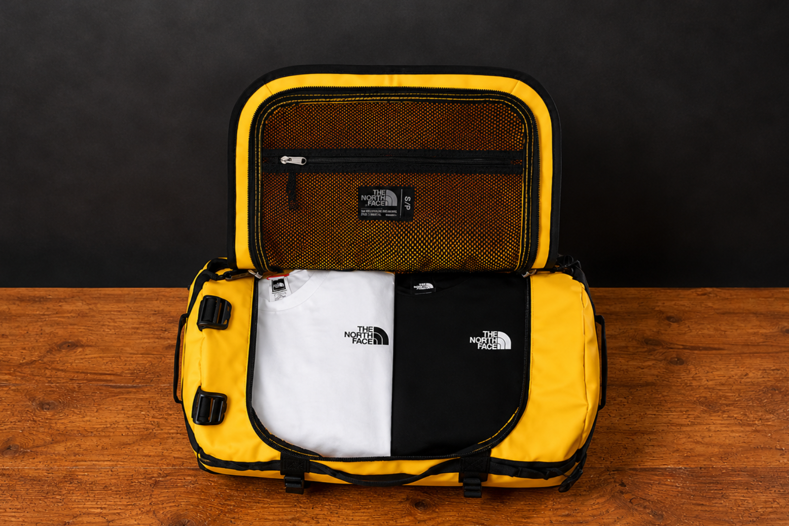 Ge&ouml;ffnete The North Face Tasche mit Kleidung auf Holztisch als Premium Werbeartikel und Mitarbeitergeschenk.