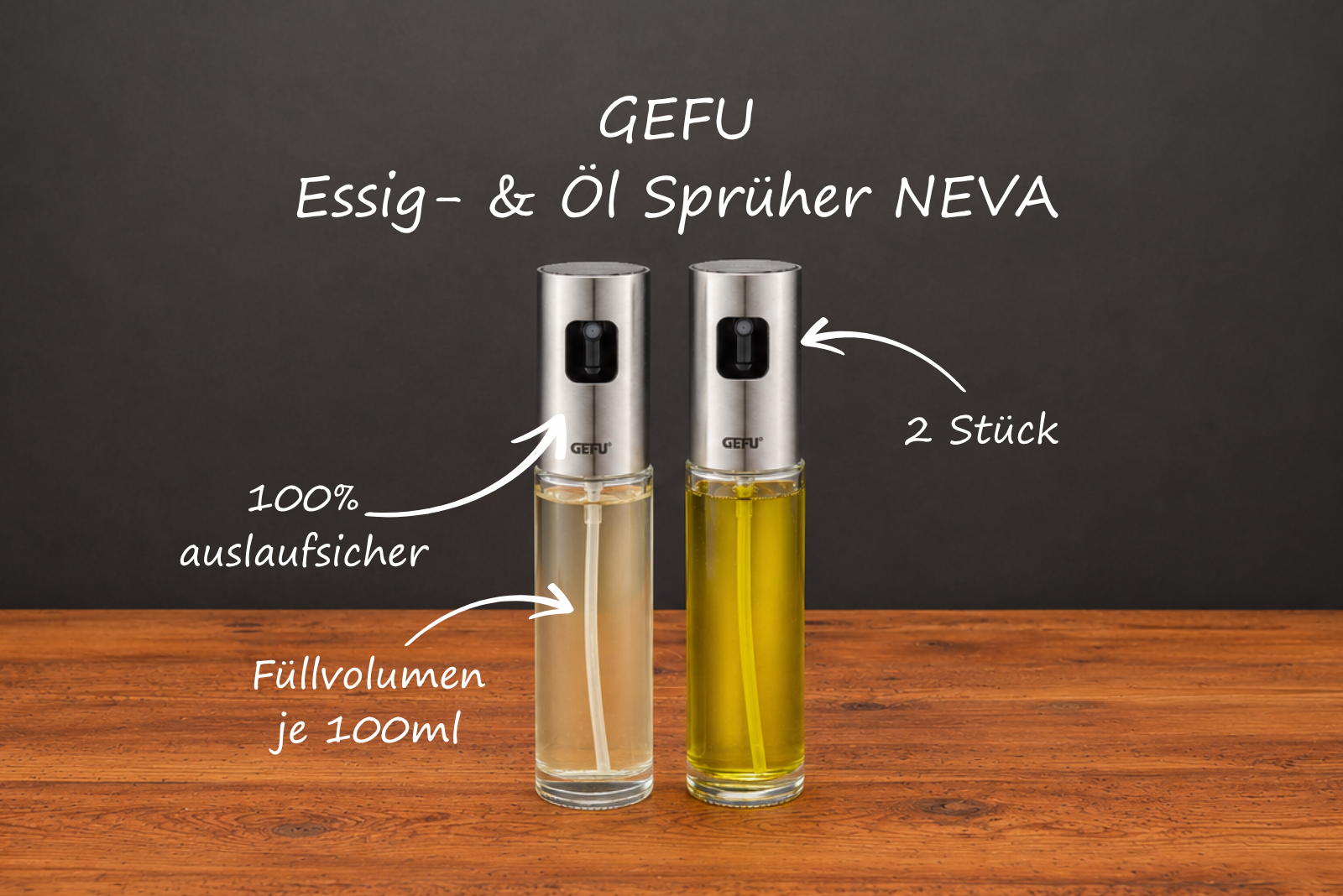 Schlichtes Spr&uuml;hflaschenset f&uuml;r Essig und &Ouml;l von GEFU. 2er Set NEVA f&uuml;r fettarmes Braten und dezentes Dosieren. Mit Logo gravieren f&uuml;r Mitarbeitergeschenke.