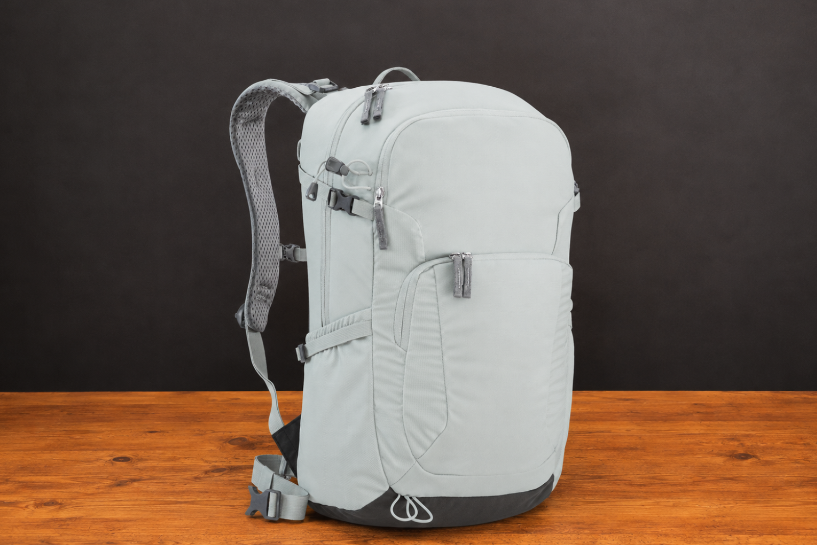 euter Markenrucksack in Grau als hochwertiger Werbeartikel auf Holztisch vor schwarzem Hintergrund. Funktionaler Outdoor- und Freizeitrucksack mit gro&szlig;em Stauraum.