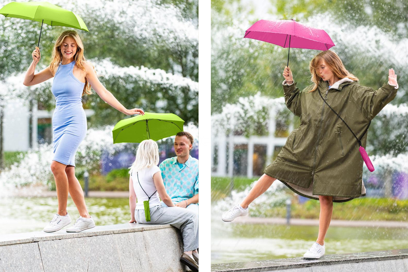 Frau mit gr&uuml;nem Taschenschirm und Frau mit pinkem Regenschirm im Regen &ndash; Mini-Taschenschirm im Outdoor-Einsatz als praktischer Regenschutz f&uuml;r unterwegs.