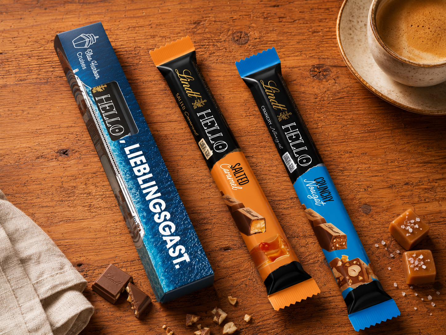 Lindt HELLO Schokoladenstick mit Werbeverpackung und Karamellst&uuml;cken als s&uuml;&szlig;er Markengru&szlig;