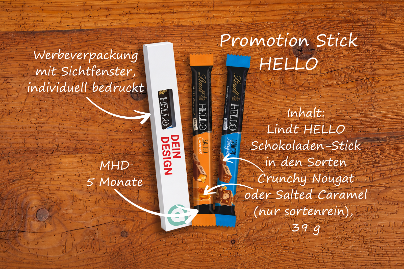 Lindt HELLO Stick Werbeartikel mit bedruckbarer Kartonverpackung, Sichtfenster und Sorten Crunchy Nougat oder Salted Caramel