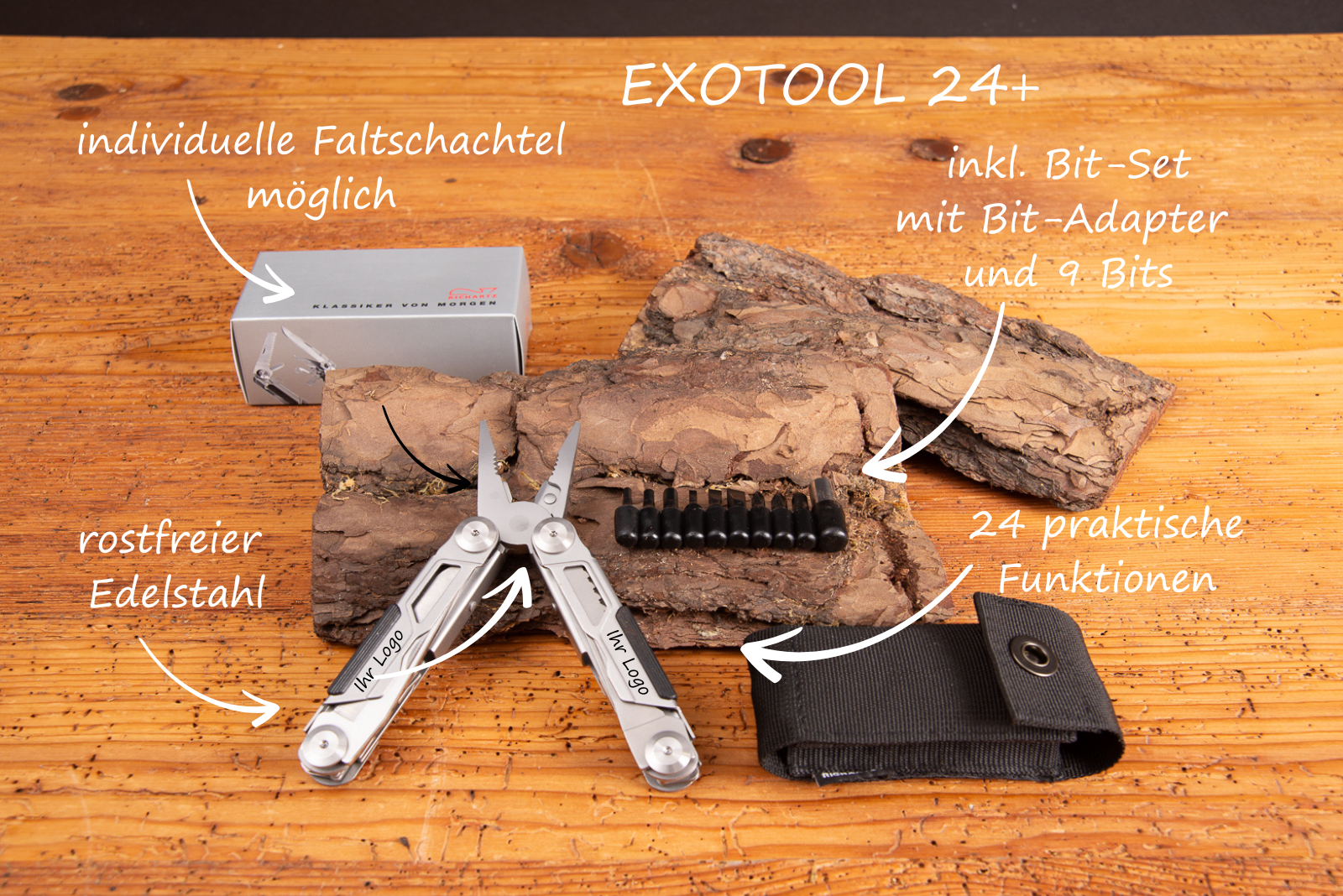 Richartz EXOTOOL 24+ Infografik mit 24 Funktionen, Bit-Set, Etui, Faltschachtel und rostfreiem Edelstahl