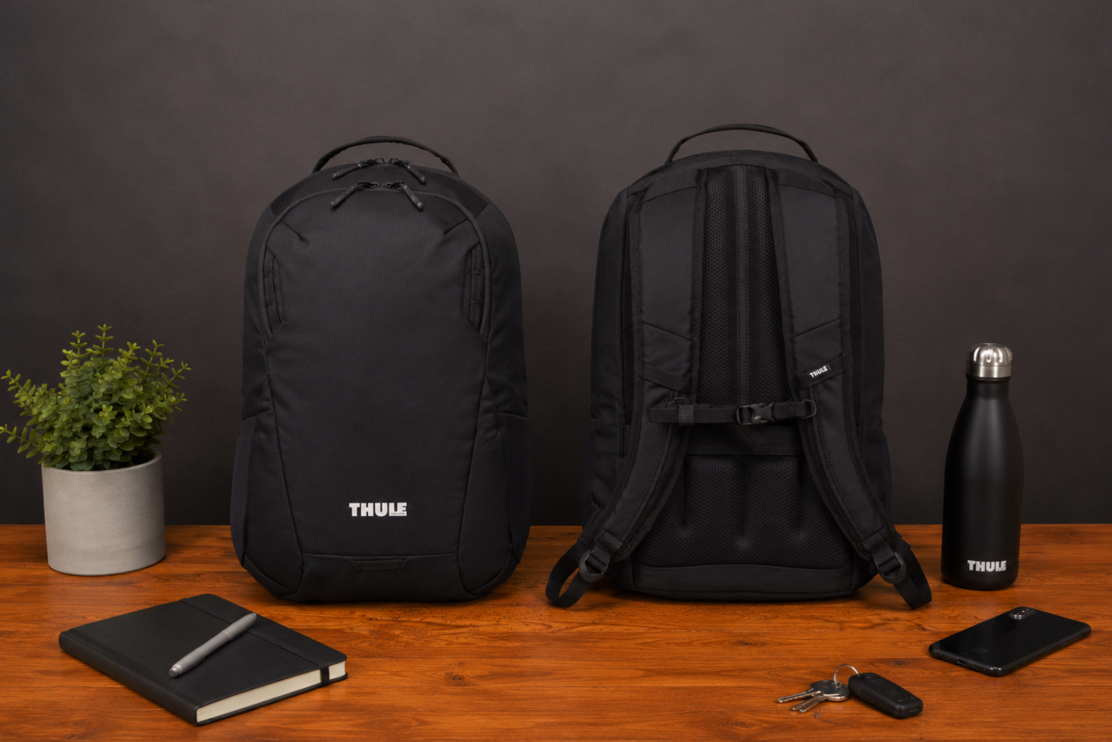 Thule Lumion Laptop-Rucksack mit Logo in Front- und R&uuml;ckansicht auf Holztisch, ideal als hochwertiger Werbeartikel f&uuml;r Unternehmen.