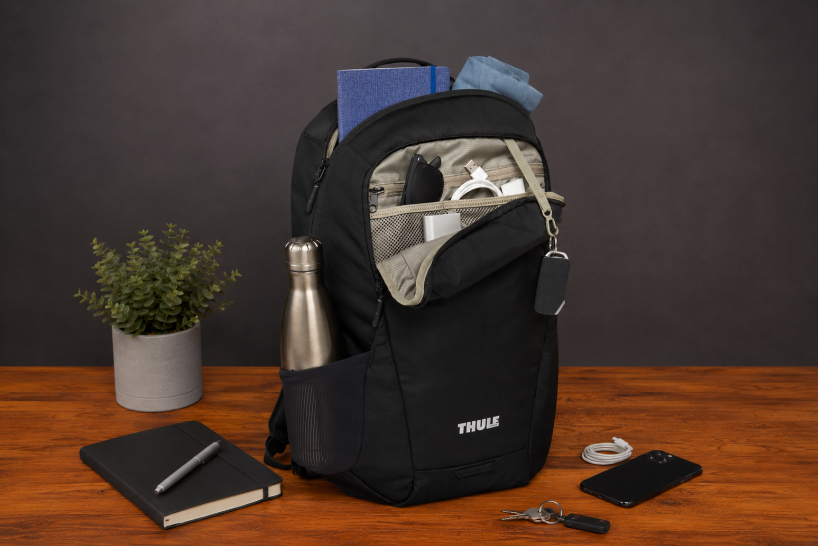 Ge&ouml;ffneter Thule Lumion Laptop-Rucksack mit Logo auf Holztisch, mit &uuml;bersichtlichem Organisationsfach f&uuml;r Laptop, Zubeh&ouml;r und B&uuml;robedarf.