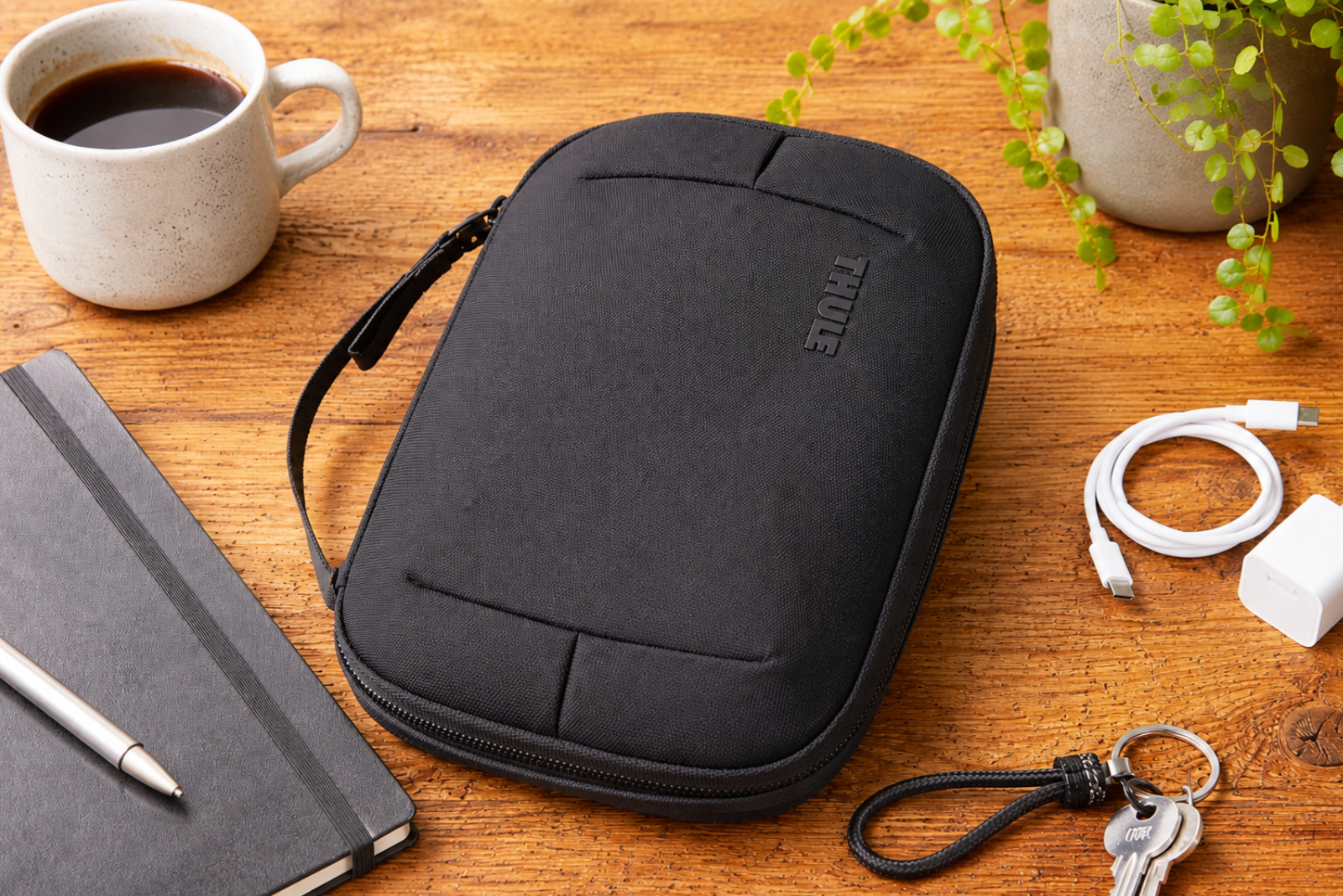 Geschlossener Thule Subterra 2 PowerShuttle Organizer f&uuml;r Kabel, Ladeger&auml;te und mobiles Zubeh&ouml;r im Arbeitsalltag.
