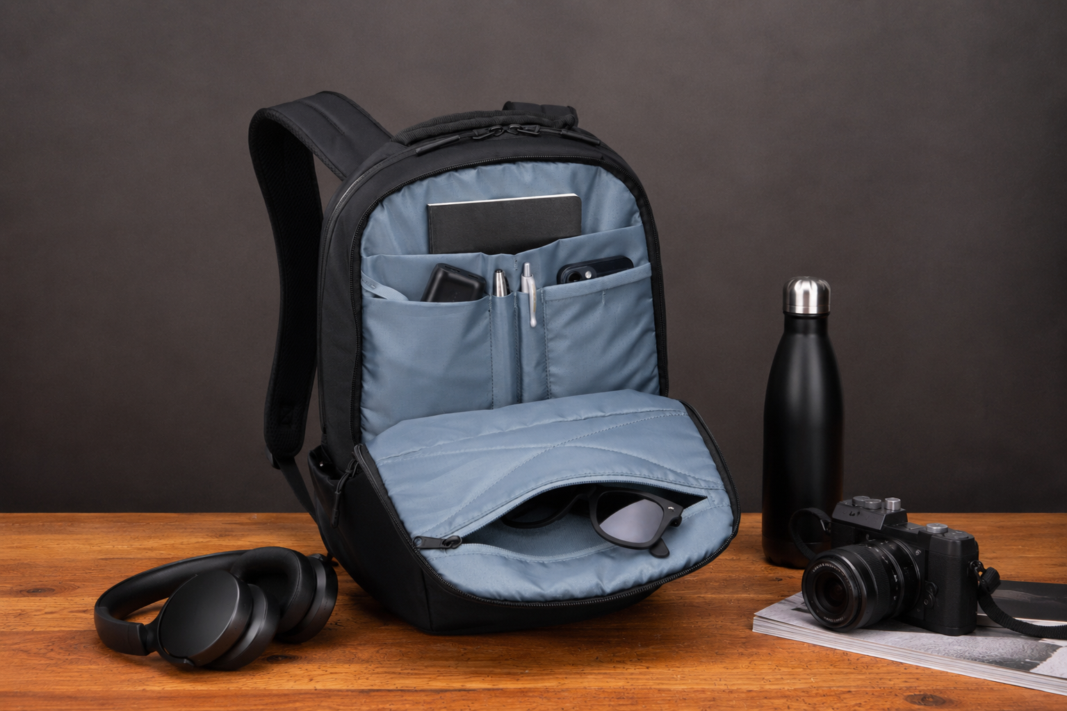Ge&ouml;ffneter Thule Subterra 2 Rucksack mit gepolstertem Laptopfach und durchdachter Innenorganisation.