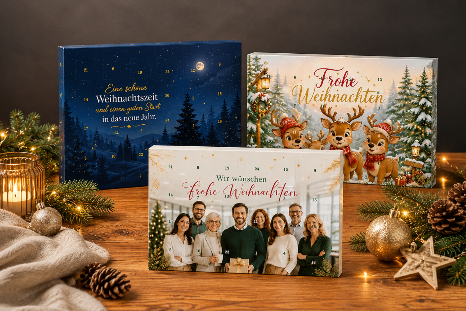 Auswahl individuell bedruckbarer Adventskalender mit weihnachtlichen Motiven f&uuml;r Firmen, Kundenpr&auml;sente und Mitarbeitergeschenke zu Weihnachten.