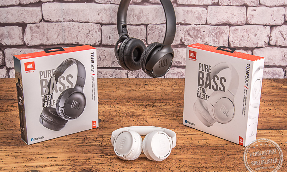 JBL Kopfh&ouml;rer in schwarz und in wei&szlig; als Werbegeschenk mit Logo bedruckt.