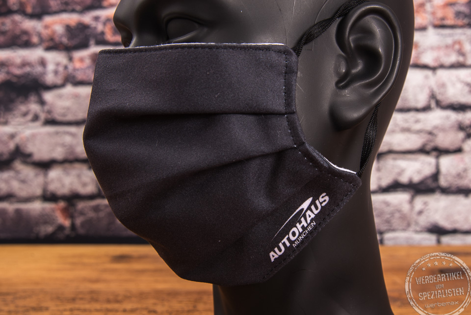 Mund-Nasen-Maske in schwarz als Werbeartikel mit Logo Auto Eder.