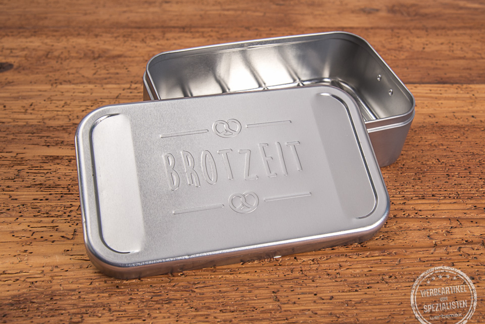 Blechdose Lunchbox mit Logopr&auml;gung oder Gavur als give-away f&uuml;r Messen und Events.