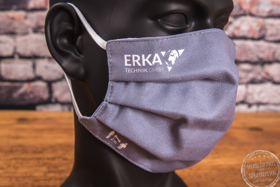 Mund-Nasen-Maske in grau mit Erka Logo als Werbeartikel 