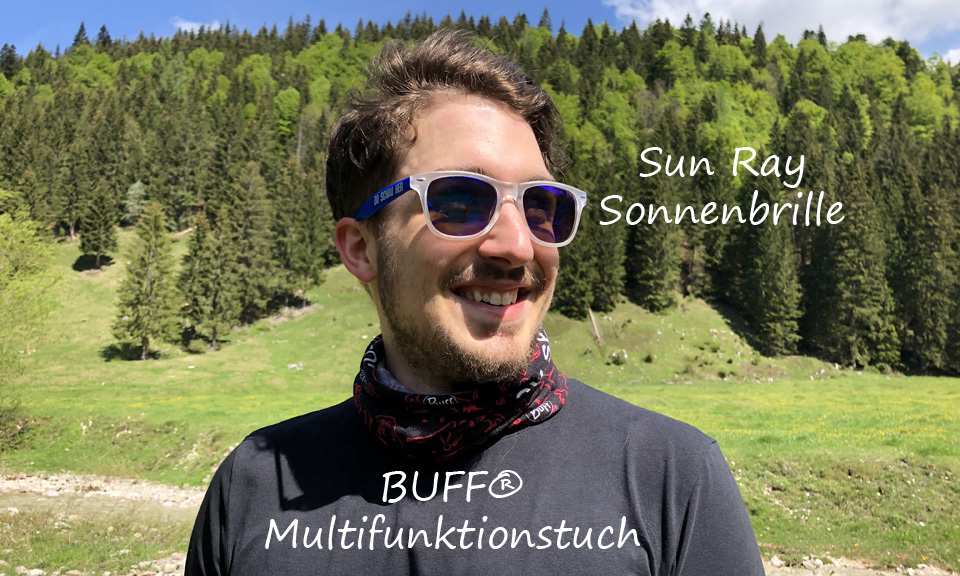 Sonnebrille und BUFF mit Werbedruck